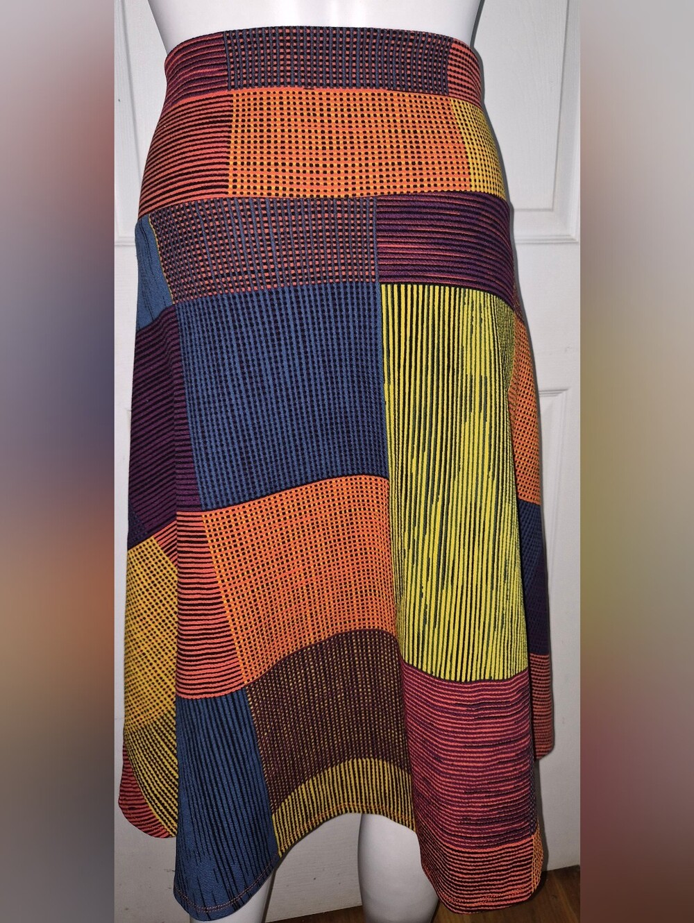 LuLaRoe Colorblock Patchwork Circle Skirt in Blue, Yellow, Orange, Purple